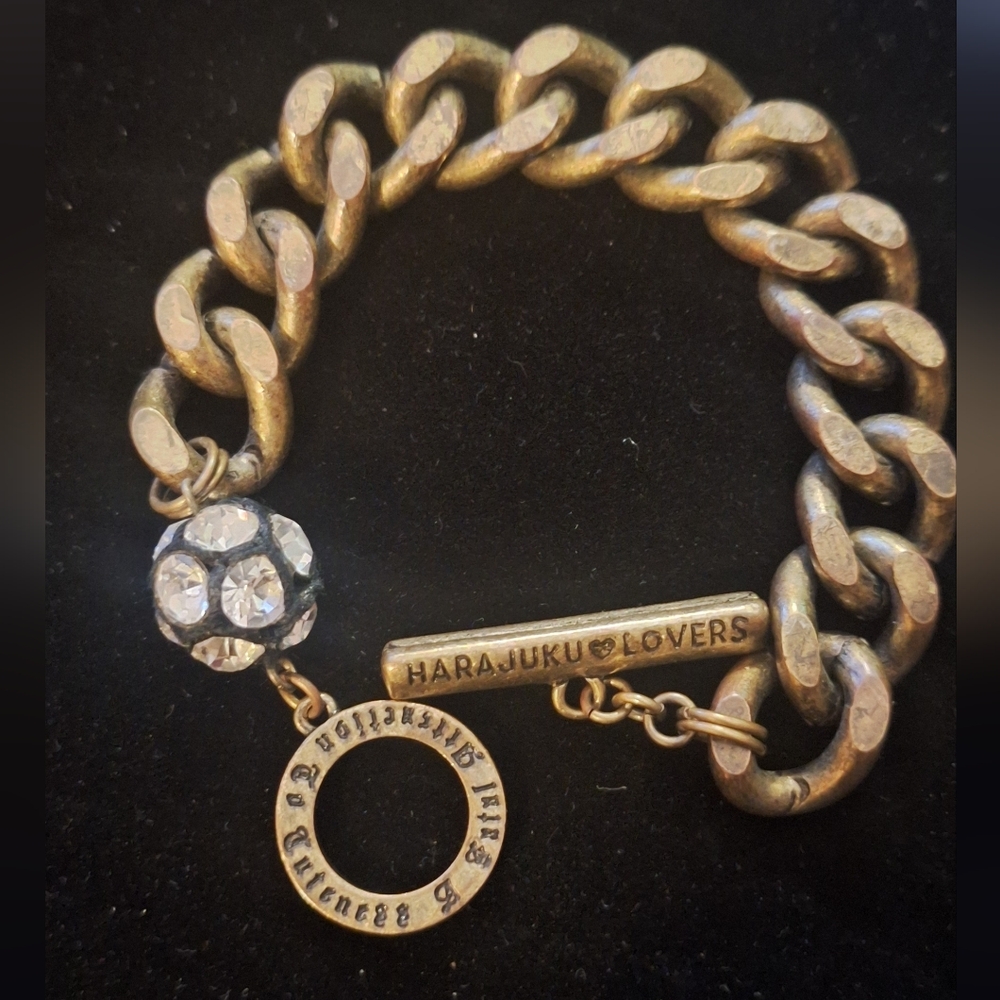Harajuku Lovers Brass Tone Bracelet with Crystal Disco Ball Toggle Y2K